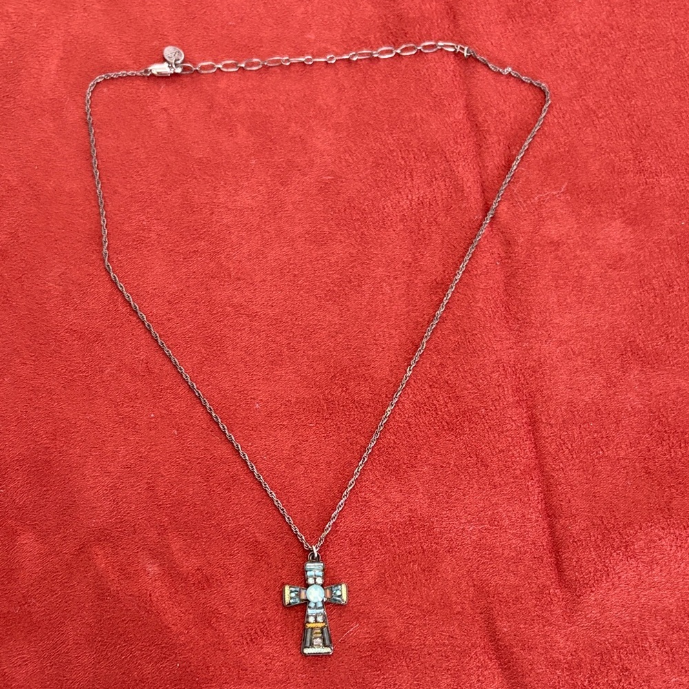 Vintage Cross Pendant mini mosaic Necklace with Silver and Gold Accents